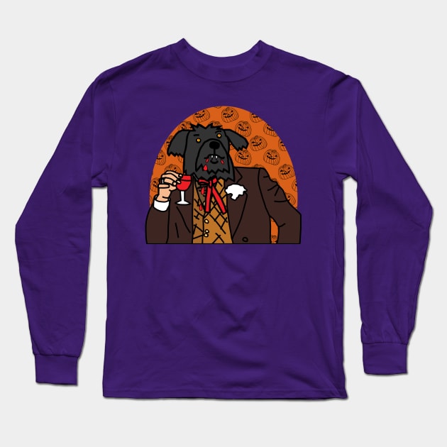 Vampire Dog Drinking Wine Halloween Horror Portrait Long Sleeve T-Shirt by ellenhenryart